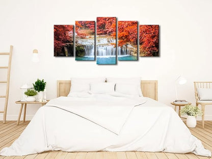 Pyradecor Red Forest Waterfalls Canvas Prints Wall Art Tree Pictures Paintings for Living Room Bedroom Home Decorations Modern 5 Panels Stretched Pretty Landscape Artwork