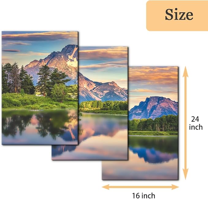 Pacimo Nature Canvas Wall Art Sunset Sunrise Mountain Pictures Grand Teton National Park Canvas Print River Forest Landscape Artwork for Living Room Bedroom Home Office Wall Decoration - 16"x24"x3