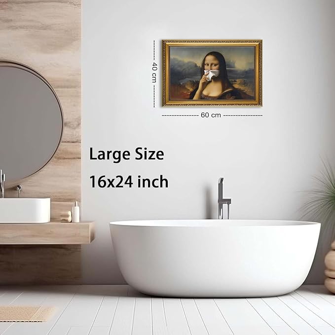 YD&YZY Gold Framed Funny Bathroom Wall Art Mona Lisa Humor Amusing Toilet Art Pinching Nose Wall Decor Vintage Unique Art Painting Picture Print Whimsical Artwork Bathroom Restroom 16x24 inch Framed