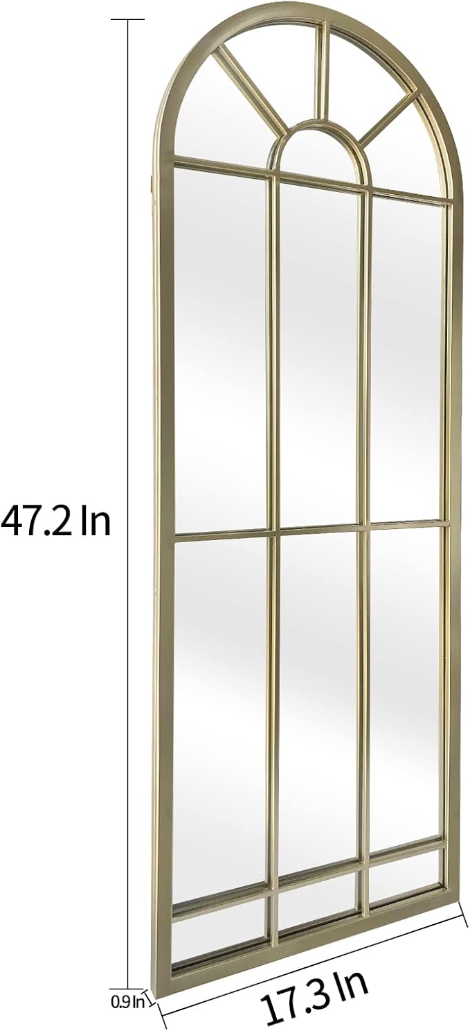 HQiJun Wall Mirror Window Decorative Mirrors Arched Farmhouse for Living Room Bedroom Entryway Bathroom Vanity(Gold,47” x17” x 1”)