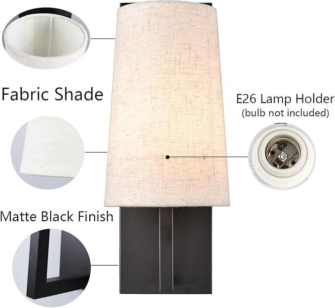 Farmhouse Black Wall Sconces Set of Two Modern 1-Light Hardwired Matte Black Wall Lamp with Fabric Shade Sconces Wall Lighting for Bedroom Hallway Living Room