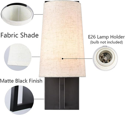 Farmhouse Black Wall Sconces Set of Two Modern 1-Light Hardwired Matte Black Wall Lamp with Fabric Shade Sconces Wall Lighting for Bedroom Hallway Living Room