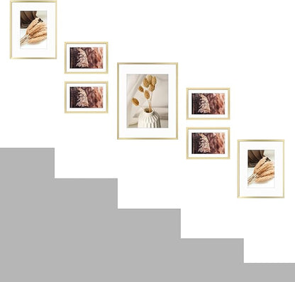 Golden State Art, Aluminum Gallery Wall Frame Set of 7 - Includes One 11x14, Two 8x10, and Four 5x7 - Metal Frames with Mat & Real Glass Cover for Elegant Home or Office Decor (Style 2, Gold)