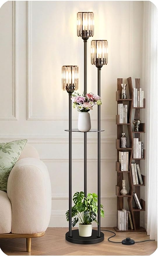 Crystal Floor Lamp for Living Room with Shelves, Industrial Modern Standing Black Lamp with Table for Bedroom, Glass Vintage Unique Tall 3-Lights Fancy Lamp with ON/Off Foot Switch