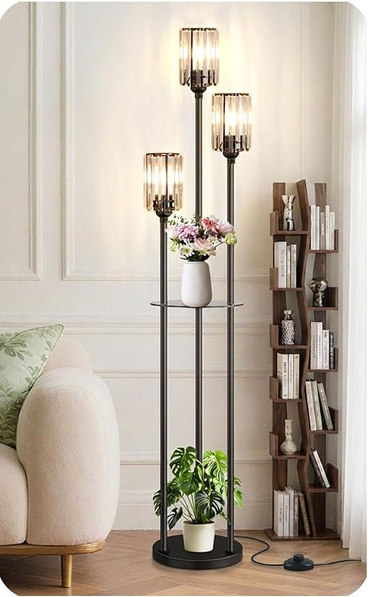 Crystal Floor Lamp for Living Room with Shelves, Industrial Modern Standing Black Lamp with Table for Bedroom, Glass Vintage Unique Tall 3-Lights Fancy Lamp with ON/Off Foot Switch