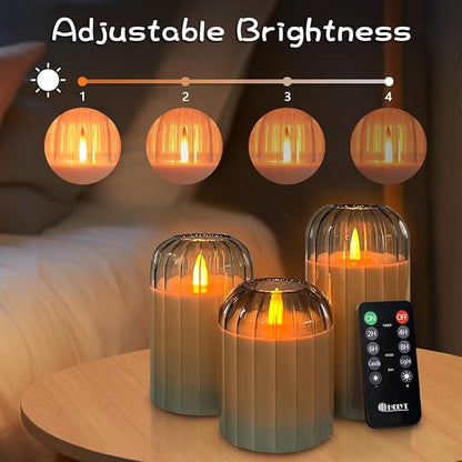 LEDHOLYT Rechargeable Flameless Candle, Flashing LED Pillar Real Wax Candle with Remote Control and Timer, Green Pumpkin Glass Electronic Candles for Room Decoration, 1 Set of 3