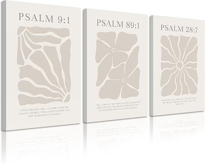 Scripture Christian Wall Art Set of 3 Beige Bible Verses Wall Decor Neutral Psalm Canvas Wall Art Modern Pictures Flower Prints Christian Artwork for Living Room Bedroom 16x24 Inch Ready to Hang