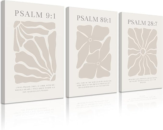Scripture Christian Wall Art Set of 3 Beige Bible Verses Wall Decor Neutral Psalm Canvas Wall Art Modern Pictures Flower Prints Christian Artwork for Living Room Bedroom 16x24 Inch Ready to Hang
