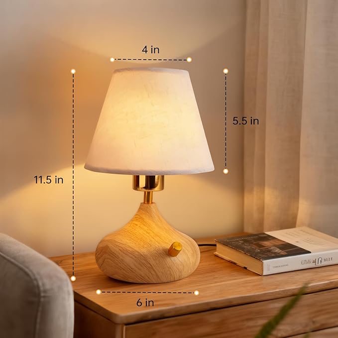 Nightstand Table Lamp with Knob Switch,Seamless Dimming, Wood Base & Fabric Shade, E26 Bulb Included, Compact Bedside Lamp for Bedroom, Living Room, Office