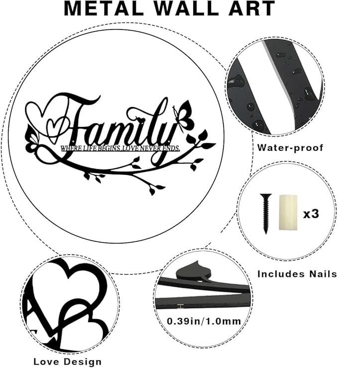 BFORXRO Family Signs for Home Decor Wall Black Metal Wall Art Family Wall Decor for Living Room Kitchen Bedroom