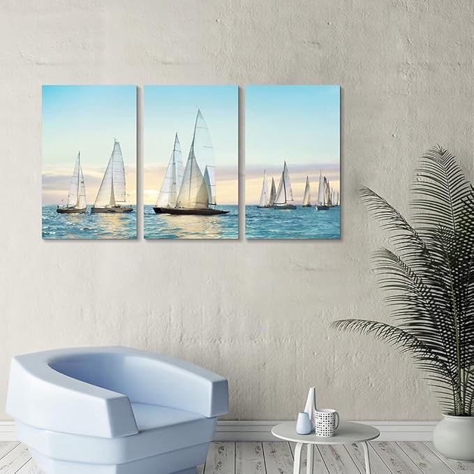Hardy Gallery sailboat wall art coastal pictures: nautical wall decor sailing artwork blue ocean print in canvas painting for living room 16" x 26" x 3 panels