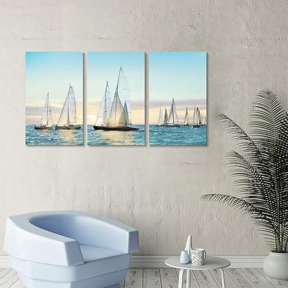 Hardy Gallery sailboat wall art coastal pictures: nautical wall decor sailing artwork blue ocean print in canvas painting for living room 16" x 26" x 3 panels
