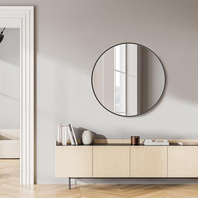 Sweetcrispy 30 Inch Round Wall Mirror with Tempered Glass, Bathroom Mirror Over Sink, Anti-Fog & Waterproof Round Mirror for Bathroom, Entryway, Bedroom, Shatterproof Design, Black