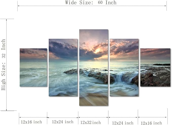 Yatsen Bridge Landscape Canvas Wall Art 5 Panels Sea Water and Rocks Picture Artwork Sunrise Wall Decorative Set for Home Office Decor Modern Stretched and Wood Framed Ready to Hang -60" W x 32" H