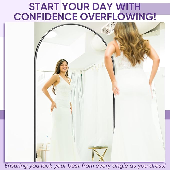 71"×28" Arched Full Length Floor Mirror, Standing Mirror with Aluminum Frame, Large Body Mirror of Free Standing/Wall Mount/Leaning for Bedroom, Living Room, Dressing Room, Black