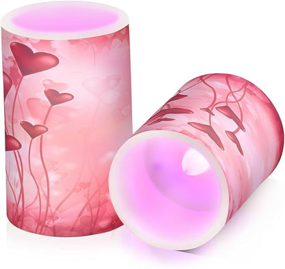 ALAZA Pink Hearts Flickering Flameless Candles Battery Operated with Remote Timer,Tea Light Candles LED Pillar Votive Candles Set of 2 for Outdoor Indoor Decorations
