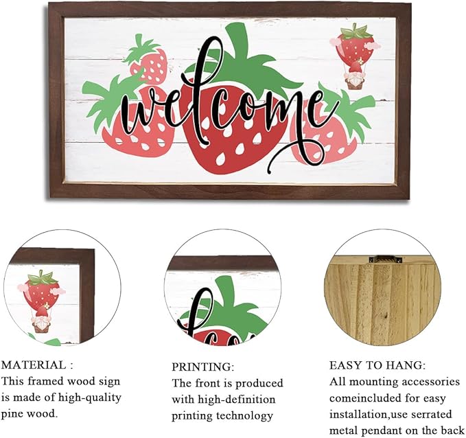 Strawberry Welcome Decoration, Rustic Hanging Wood Signs, Kitchen Wall Art, Farmhouse Home Garden Yard Decor, Wooden Framed Wall Decors, Welcome to Our Patch Sign 15×7.5×0.3 inches