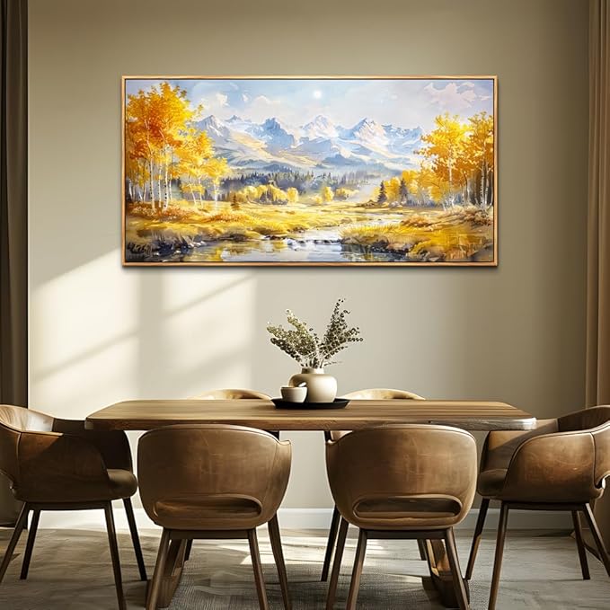 ZUITINGHUA Large Wood Framed Wall Decor For Living Room Canvas Wall Art For Office Modern Wall Decorations For Bedroom Yellow Tree Landscape Paintings Mountain Pictures Artwork Home Decor 24x48 In