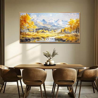ZUITINGHUA Large Wood Framed Wall Decor For Living Room Canvas Wall Art For Office Modern Wall Decorations For Bedroom Yellow Tree Landscape Paintings Mountain Pictures Artwork Home Decor 24x48 In