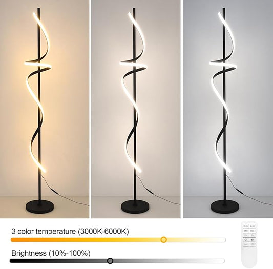 EIDISUNY Modern Spiral Floor Lamp with Remote Control, 48W LED Floor Lamps for Living Room, 3 Colors Dimmable Tall Standing Lamp for Living Room, 60'' Modern Floor lamp for Bedroom Black