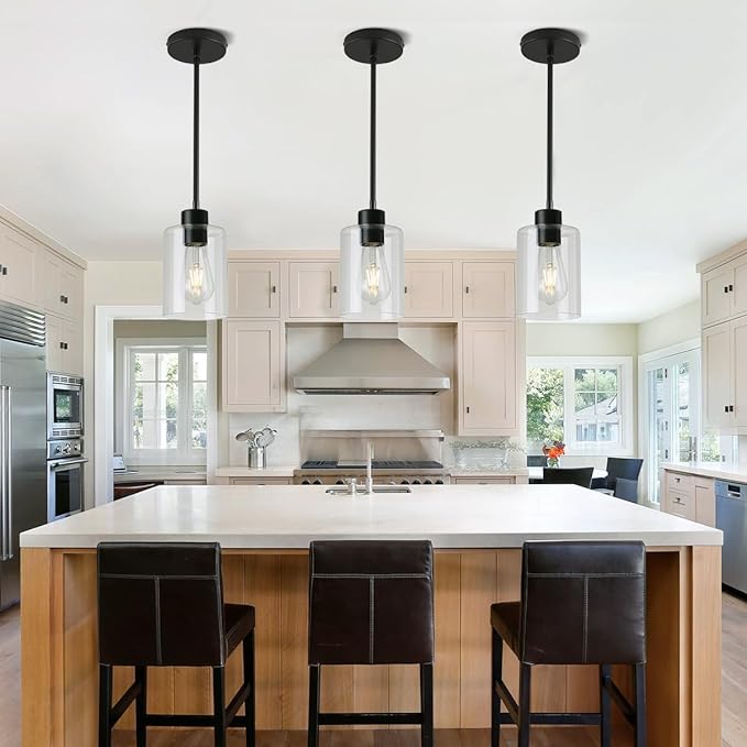 Black Pendant Lights Kitchen Island,Modern Farmhouse Glass Pendant Light,Light Fixture Kitchen Pendant Mini Hanging Light Fixture for Sink (Black 2 Pack Stem Rod)