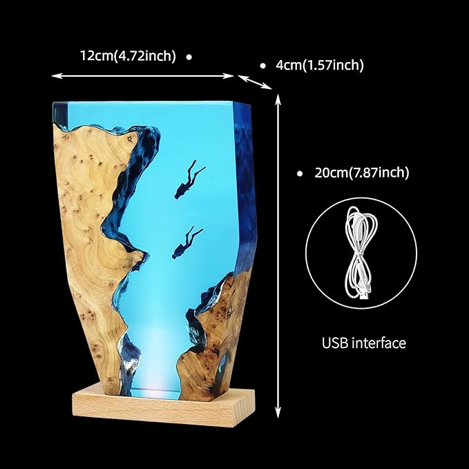 Epoxy Resin Lamp, Ocean Night Light,Artistry Home Decor Bedside Nightlight, Unique Resin Lighting, Nightstand Decorations for Bedroom, Suitable for Holidays(Two Divers)