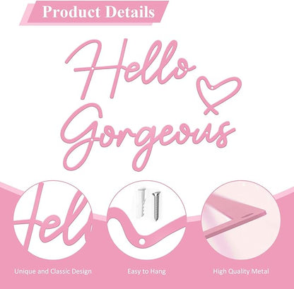 Hello Gorgeous Metal Wall Art Decor Pink Modern Hello Gorgeous Signs Farmhouse Metal Wall Art Hanging Decoration for Home Bathroom Living Room Bedroom Office Hotel Wall Decoration (Pink)