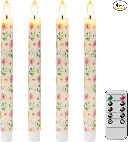 Flickering Flameless Taper Candles with Remote and Timer, 4 Pack Real Wax Battery Operated LED Taper Candles 3D Wick Yellow Flower Decal Dinner Wedding Spring Home Decor(0.75" D x 9.65" H)