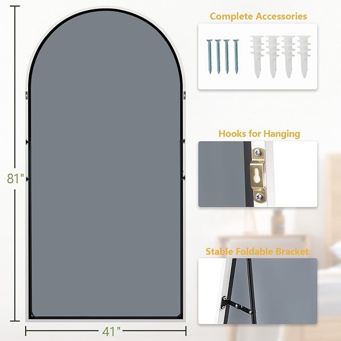 MELOMOIR Arched Full Length Mirror, 81"x41" Oversized Floor Mirror Freestanding, Large Full Body Mirror for Bedroom Living Room Home Gym, White Mirror Full Length with Tempered Glass, Workout Mirror