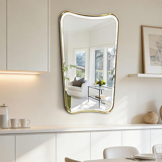 POZINO Brushed Gold Beveled Mirrors, 24"x40" Bathroom Vanity Mirror for Over Sink, Butterfly Shaped Mirrors Decorative, Modern Rectangle Aesthetic Wall Mirror for Living Room Bedroom Hallway Entryway