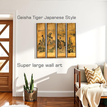 CIFIBIFUN Wall Japanese Geisha Tiger Art Prints Posters Painting Japan Traditional Vintage Style,4 Panels Home Walls Decor (Super Old Aging Paper, A Japan Painting)