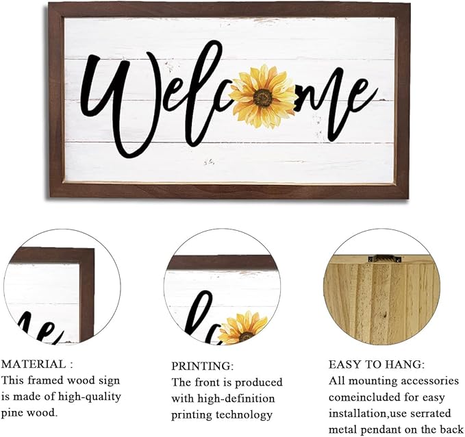 Sunflower Welcome Sign, Welcome Decoration for Front Door, Porch Decor Signs, Rustic Wall Decors, Decorative Wooden Plaques, Housewarming Gift, Wooden Framed Wall Decor 15×7.5×0.3 inches