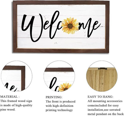 Sunflower Welcome Sign, Welcome Decoration for Front Door, Porch Decor Signs, Rustic Wall Decors, Decorative Wooden Plaques, Housewarming Gift, Wooden Framed Wall Decor 15×7.5×0.3 inches