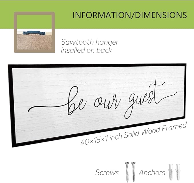 Be Our Guest Wall Decor Sign 40''×15'' Large Rustic Farmhouse Family Guest Room Bedroom Above Bed Vintage Framed Wooden Wall Art Modern Signs Simple Entryway Hanging Decoration (Black)