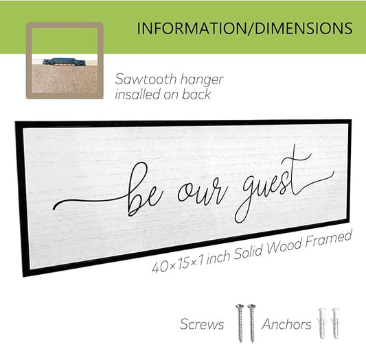 Be Our Guest Wall Decor Sign 40''×15'' Large Rustic Farmhouse Family Guest Room Bedroom Above Bed Vintage Framed Wooden Wall Art Modern Signs Simple Entryway Hanging Decoration (Black)