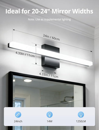 Combuh Led Vanity Lights Over Mirror Soft Shadow Free Black Bathroom Lamp for Wall,14W 24 Inch Long Restroom Lighting Bars Cool White 6000K Lámparas Luces para Baños Sobre Espejo Modernas 2 Pack