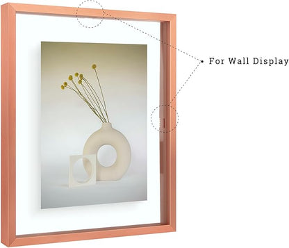 Frametory, Floating Picture Frames Set - Rose Gold Metal Photo Frames - Real Glass - Display One 11x14, Two 8x10, and Four 5x7 Inch Photos for Home Decoration