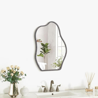 Wood Frame Mirrors Asymmetrical Irregular Wall Unique Shape Modern Wall Mounted Vanity Artistic Mirror Decorative for Living Room Bedroom Bathroom Entryway Hallway Small 14"x10"