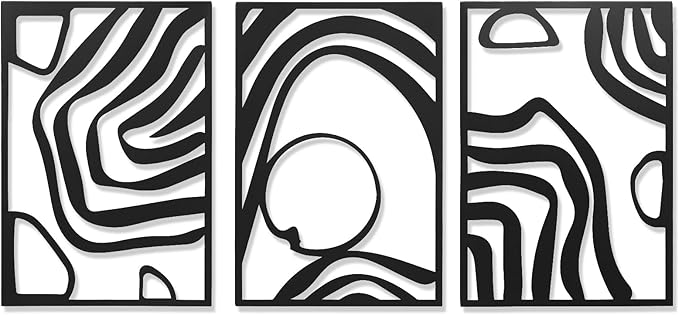 AMAATE 3 Piece Black Metal Wall Art, Modern Abstract Geometric Line Art Sculpture, Minimalist Hollow Out Metal Wall Decor for Living Room Bedroom Home Decor 14.6" X 22.5" in