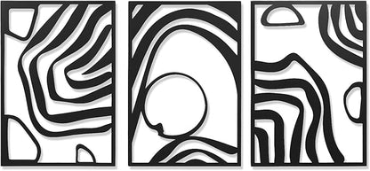AMAATE 3 Piece Black Metal Wall Art, Modern Abstract Geometric Line Art Sculpture, Minimalist Hollow Out Metal Wall Decor for Living Room Bedroom Home Decor 14.6" X 22.5" in