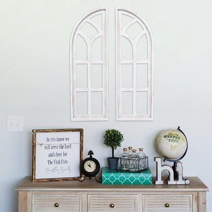 SwallowLiving Set of 2 Cathedral Arch Window Frame Wall Decor - 36" Large Rustic Farmhouse Wood Wall Art - Distressed White Architectural Hanging for Living Room, Entryway & Mantel (NO WREATH)