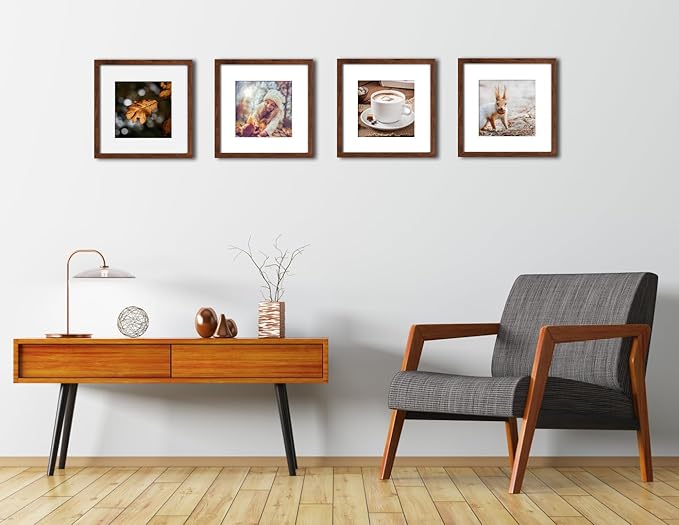 Yaetm 12x12 Picture Frame Set of 4, Brown Wood Grain Square 12x12 Frame Displays 8x8 with Mat or 12 x 12 without Mat, Gallery Wall Frame for Wall Mounting (4 pack, Brown)