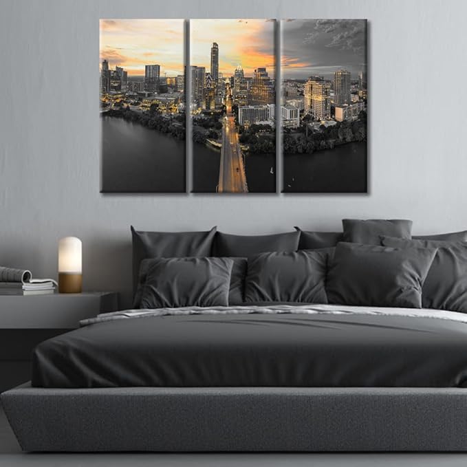 TUMOVO Austin Texas Skyline Wall Decor 3 Panels City Skyline Pictures Wall Decor for Bedroom Skyscrapers Sunset Natural Landscape Wall Decor Living Room Framed Ready to Hang (36" Wx24 H)