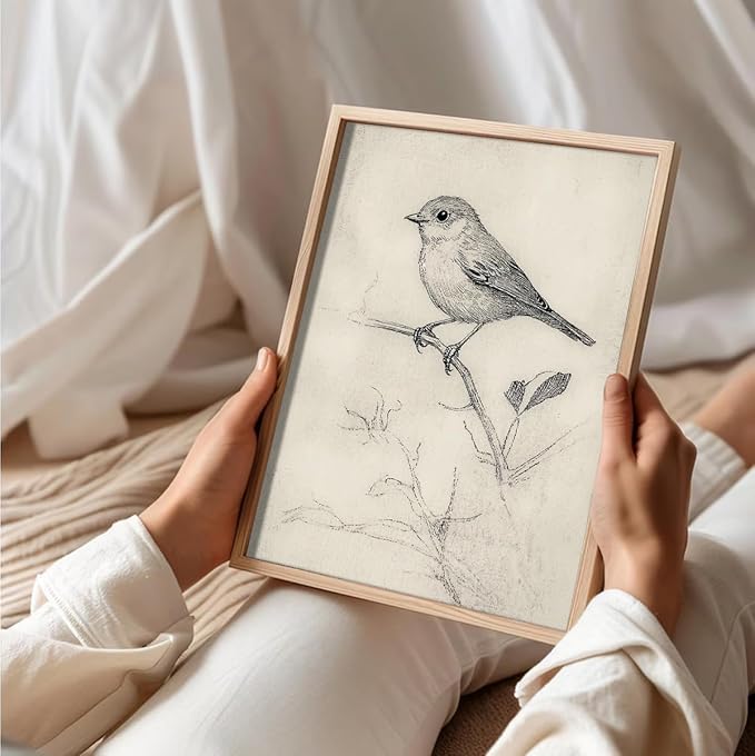 uniro Vintage Bird Sketch Wall Art Prints Farmhouse Decor Sparrow on a Branch Sketch Canvas Oil Painting Antique Bird Neutral Vintage Artwork Pictures for Bedroom Living Room Decor (8" x 10"-UNFRAMED)