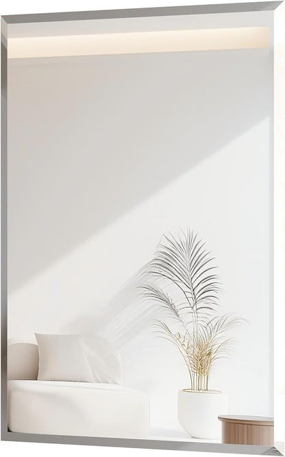 Frameless Rectangular Wall Mirror: Decorative Rectangle Mirrored Glass Vanity with Beveled Silver Edge for Bathroom Bedroom Livingroom Dining Room Entryway Hallway, 20 x 16 inch