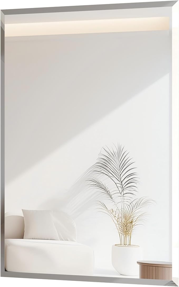 Frameless Rectangular Wall Mirror: Decorative Rectangle Mirrored Glass Vanity with Beveled Silver Edge for Bathroom Bedroom Livingroom Dining Room Entryway Hallway, 32 x 24 inch