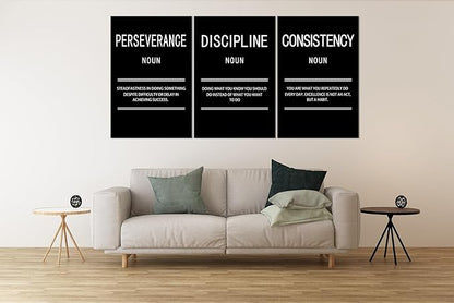 3 Panel Inspirational Canvas Perseverance Discipline Consistency Print Wall Art Motivational Poster Painting Modern Inspiring Artwork for Home Living Room Office Decor Ready to Hang [72''Wx 36''H]