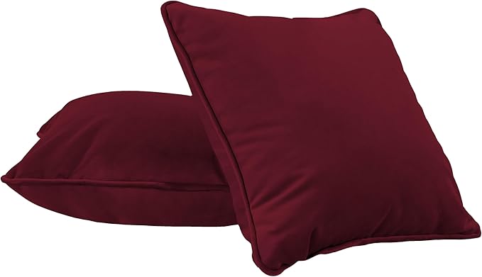 FDP 15" x 15" Velvet Square Pillow Set with Piping; Decorative Throw Pillow for Home Décor in Living Room, Bedroom or Lounge (2-Pack) - Bordeaux, 15157-349