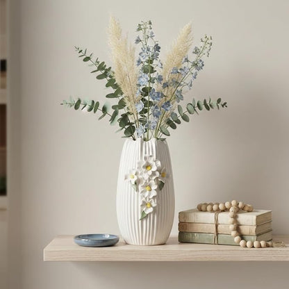 White Vase - Modern Boho Vases for Centerpieces, Minimalist Decorative Flower Vase for Pampas Grass, Dining Room Table, Shelf, Bathroom Decor, 9 Inch