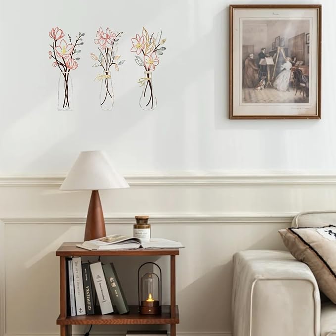 RISCORIO 3 Pieces Flower Wall Decor Minimalist Wall Art, Metal Flowers Wall Arts for Dining Room, Living Room, Bedroom, Bathroom, Kitchen, Rustic Farmhouse Decor, Pink